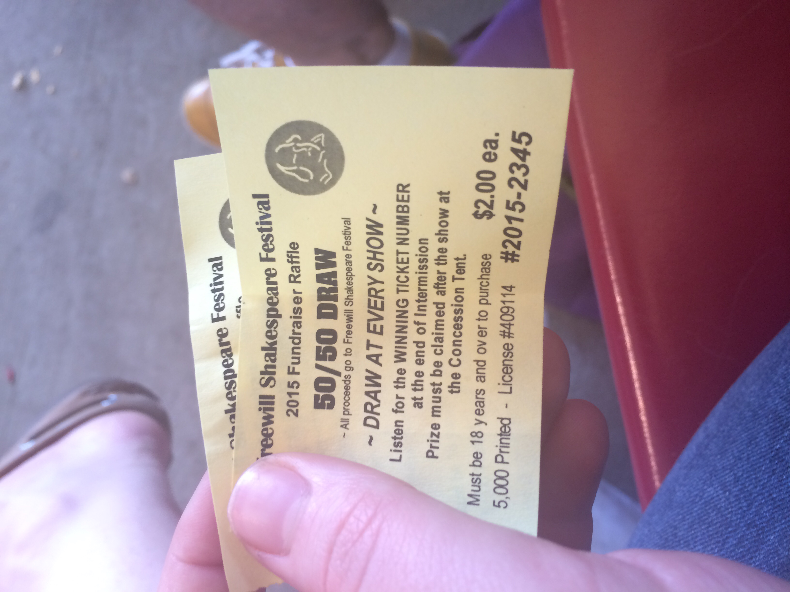 I won the 50/50 at the free will showing of Coriolanus! With ticket 2345, no less!
