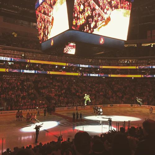 Rappelling the ceremonial puck into the game. • • #hockey #oilers #yeg