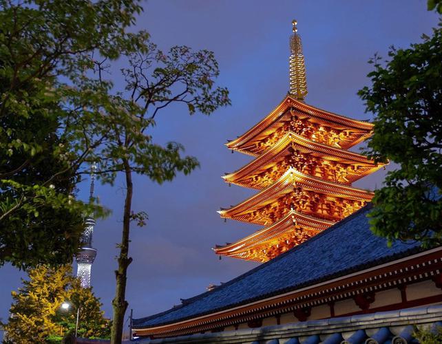The pagoda at Sensō-ji with the Tokyo sky-tree peeking through the trees. A mixture of the old and the new.