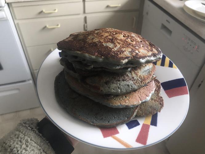Running low on eggs due to grocery shortages. Stretching protein to last a few more days by having blueberry pancakes.